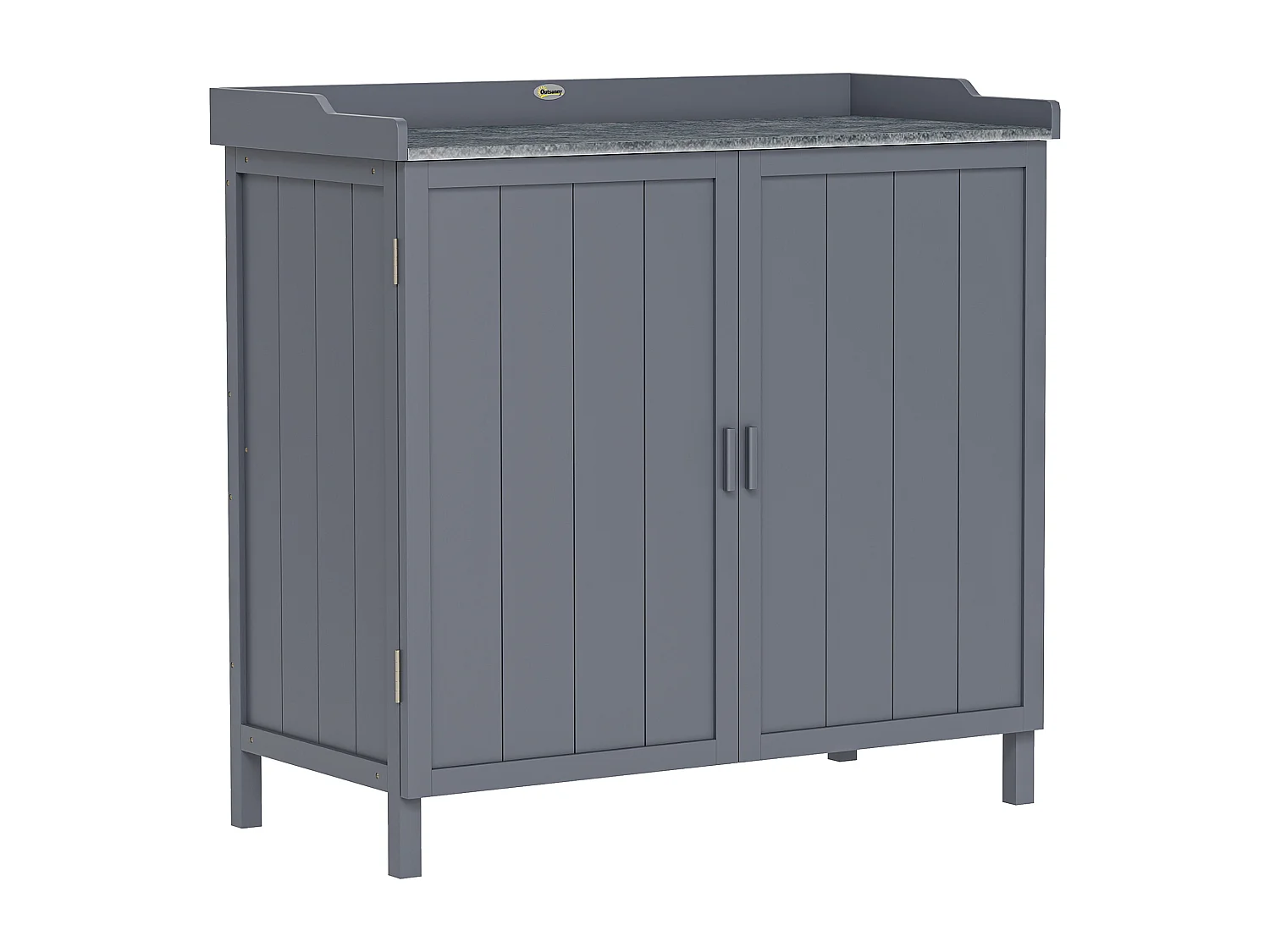 Armoire de rangement de jardin sur pied, table de rempotage 2 en 1 double porte, étagère, plateau métal galvanisé - bois sapin gris