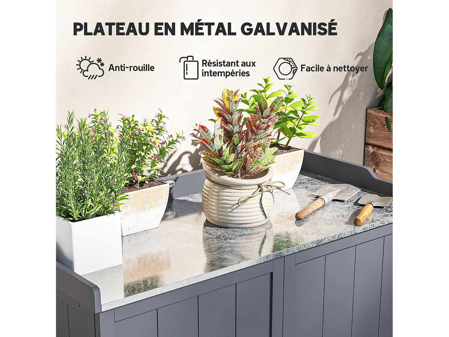Armoire de rangement de jardin sur pied, table de rempotage 2 en 1 double porte, étagère, plateau métal galvanisé - bois sapin gris