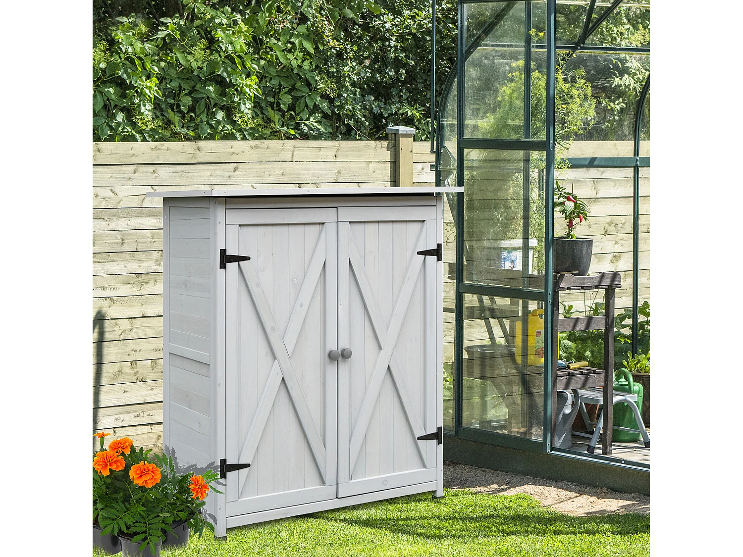 Abri de jardin armoire de jardin remise pour outils sur pied dim. 110L x 55l x 117H cm 2 étagères 2 portes toit bitumé étanche bois massif pin pré-huilé gris