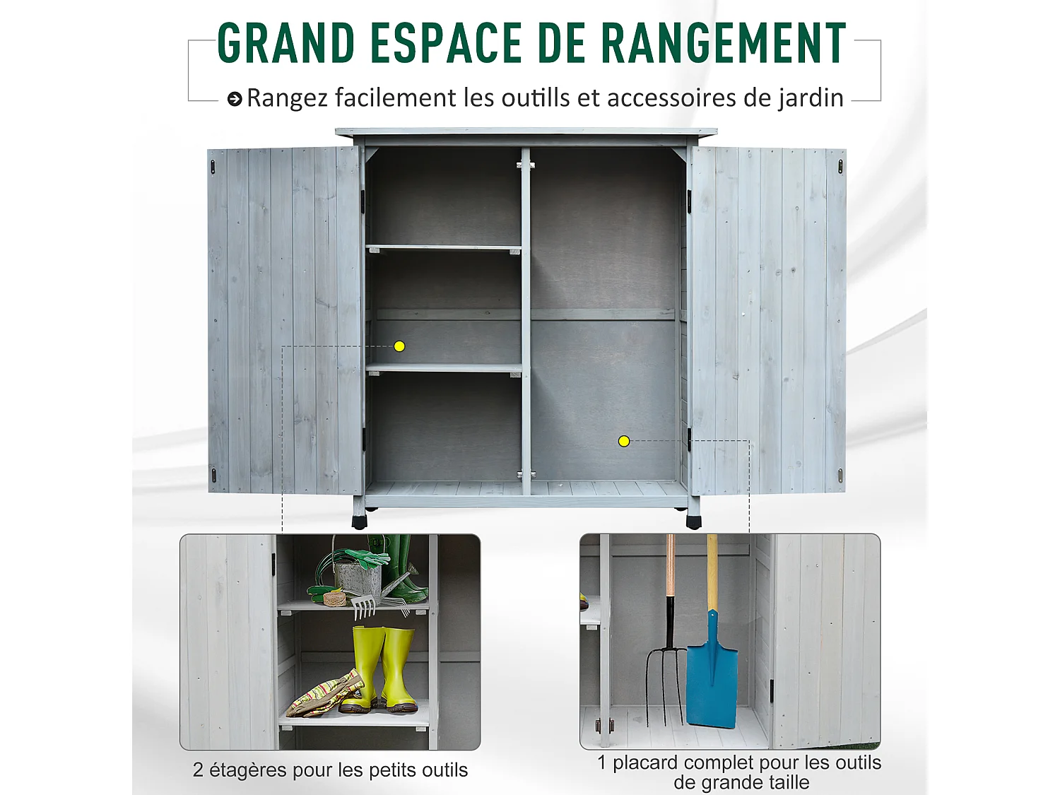 Abri de jardin armoire de jardin remise pour outils sur pied dim. 110L x 55l x 117H cm 2 étagères 2 portes toit bitumé étanche bois massif pin pré-huilé gris