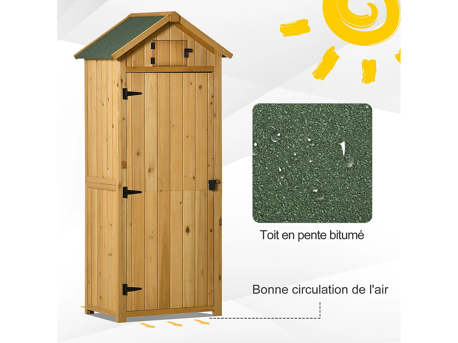 Armoire abri de jardin remise pour outils 3 étagères 2 portes loquets toit pente bitumé 77L x 54l x 179H cm sapin traité lasuré