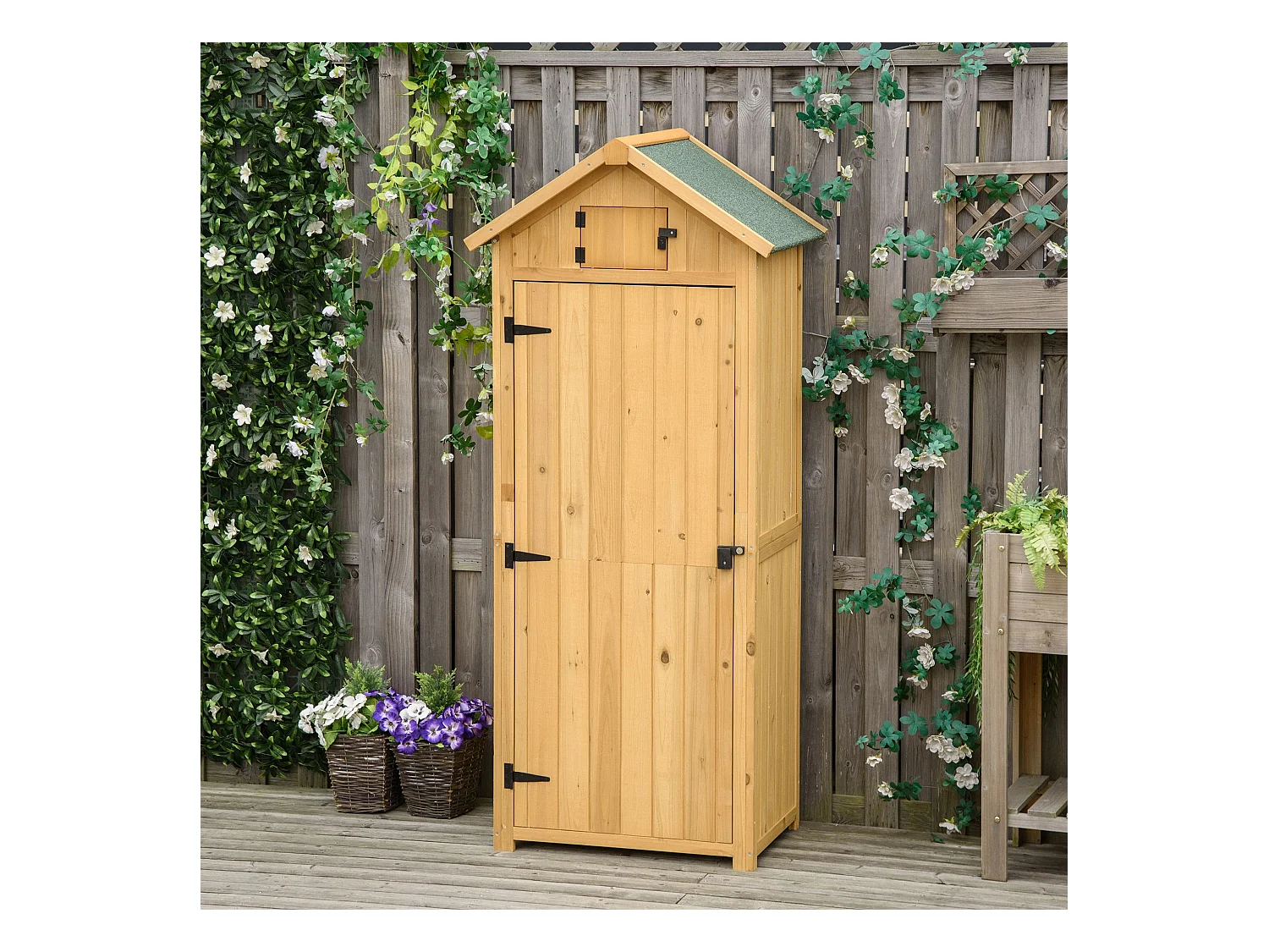 Armoire abri de jardin remise pour outils 3 étagères 2 portes loquets toit pente bitumé 77L x 54l x 179H cm sapin traité lasuré
