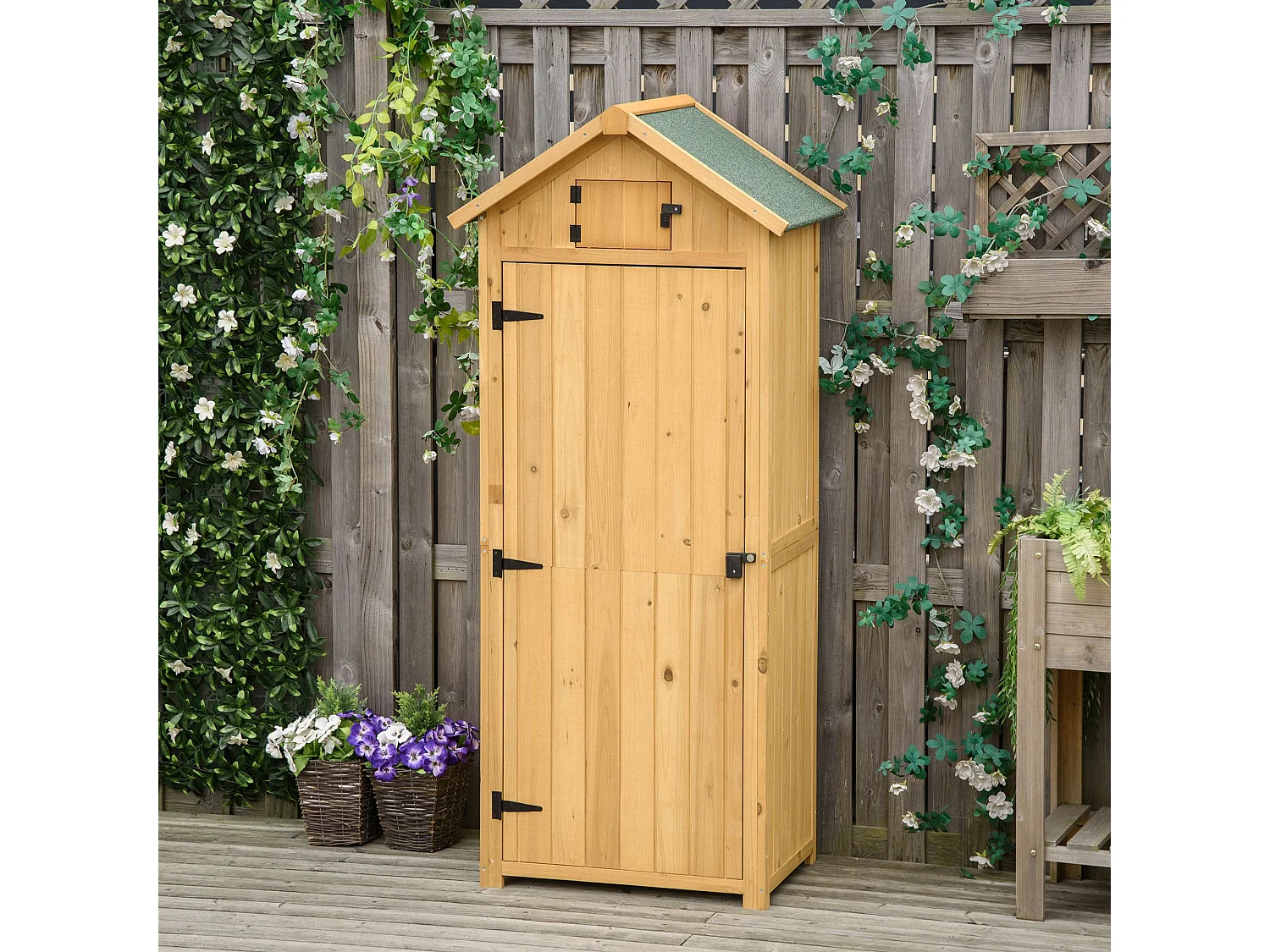 Armoire abri de jardin remise pour outils 3 étagères 2 portes loquets toit pente bitumé 77L x 54l x 179H cm sapin traité lasuré