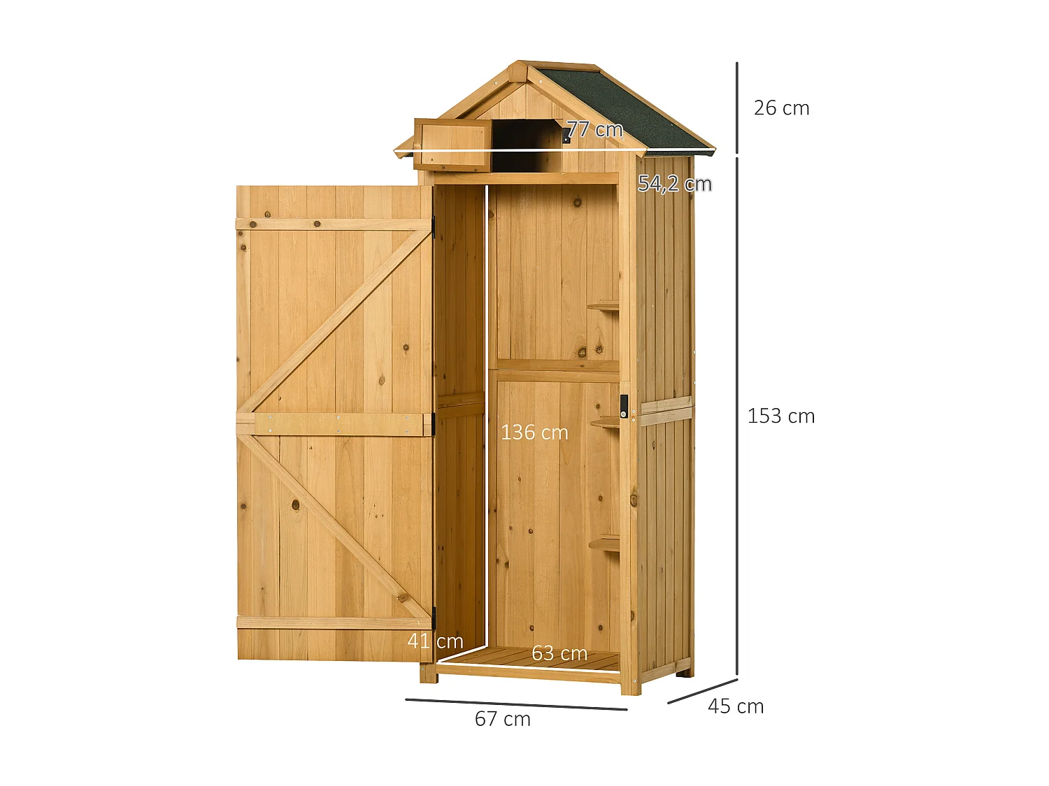 Armoire abri de jardin remise pour outils 3 étagères 2 portes loquets toit pente bitumé 77L x 54l x 179H cm sapin traité lasuré