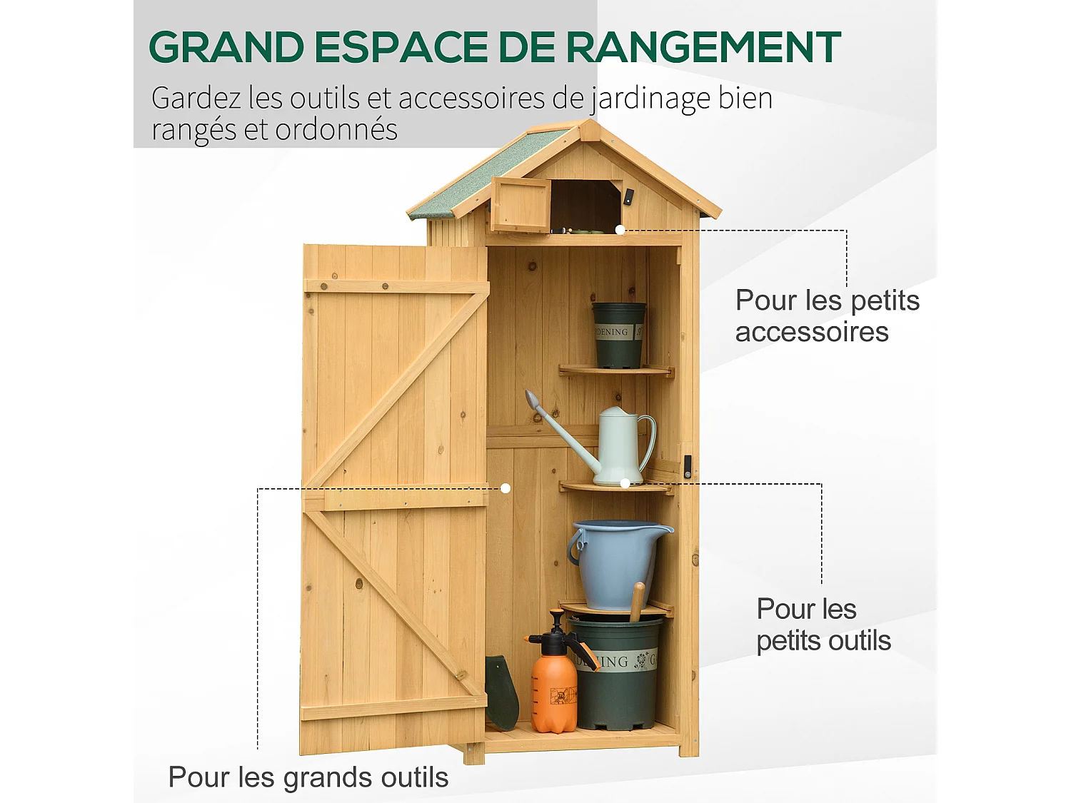 Armoire abri de jardin remise pour outils 3 étagères 2 portes loquets toit pente bitumé 77L x 54l x 179H cm sapin traité lasuré