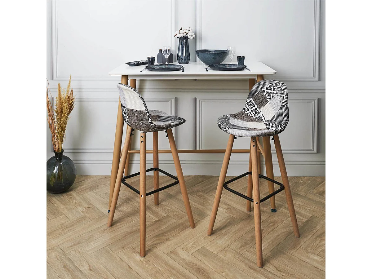 GIADA - Lot de 2 Tabourets de Bar Patchwork Motifs Grisés