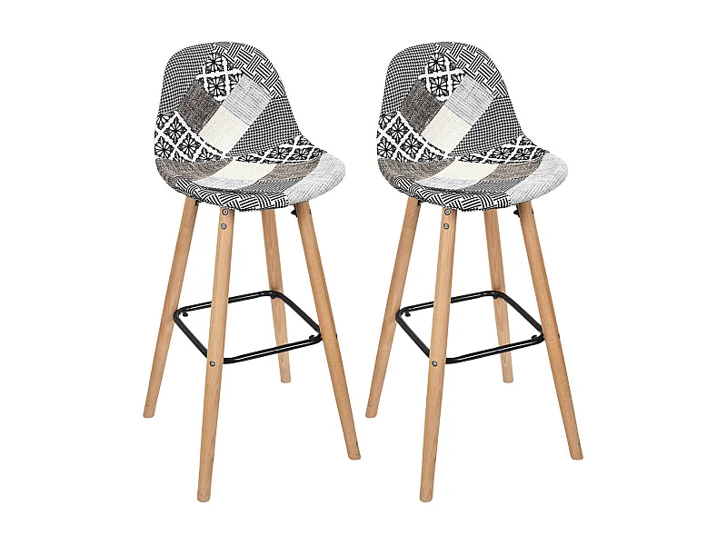 GIADA - Lot de 2 Tabourets de Bar Patchwork Motifs Grisés