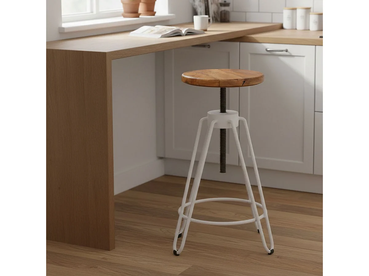 THIBERT - Tabouret Métal Blanc et Bois Massif