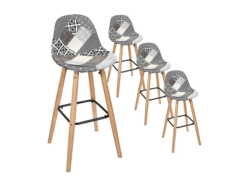 GIADA - Lot de 4 Tabourets de Bar Patchwork Motifs Grisés