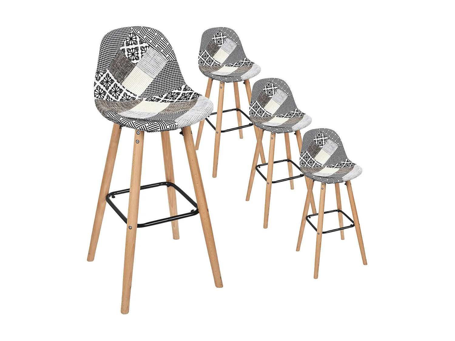 GIADA - Lot de 4 Tabourets de Bar Patchwork Motifs Grisés