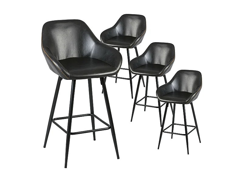 THOME - Lot de 4 Tabourets de Bar Simili Noir