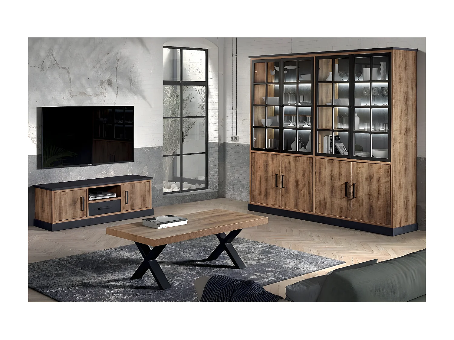 JENNA - Ensemble Table Basse + Meuble TV + Bibliothèque 8 Portes