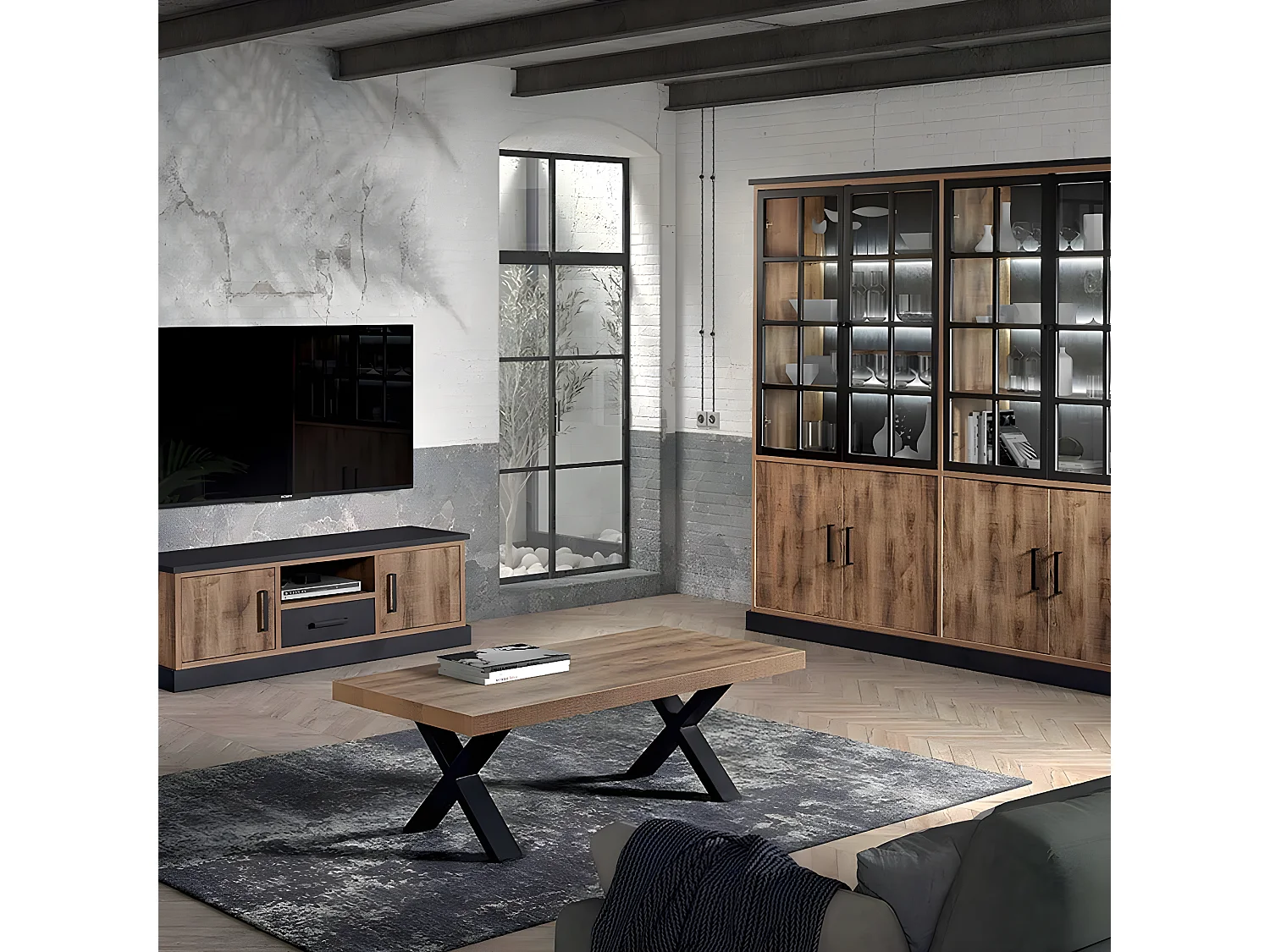 JENNA - Ensemble Table Basse + Meuble TV + Bibliothèque 8 Portes