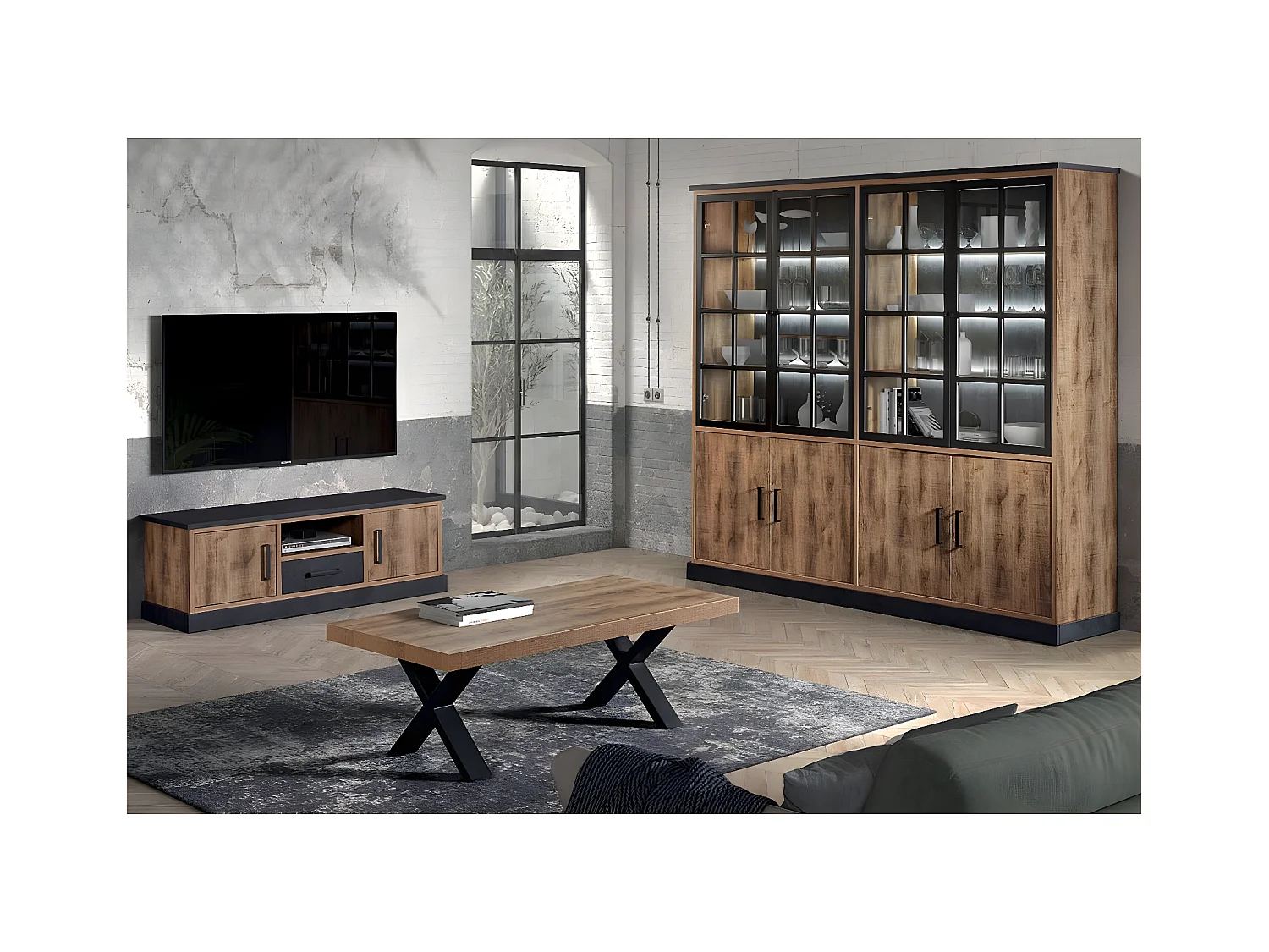 JENNA - Ensemble Table Basse + Meuble TV + Bibliothèque 8 Portes