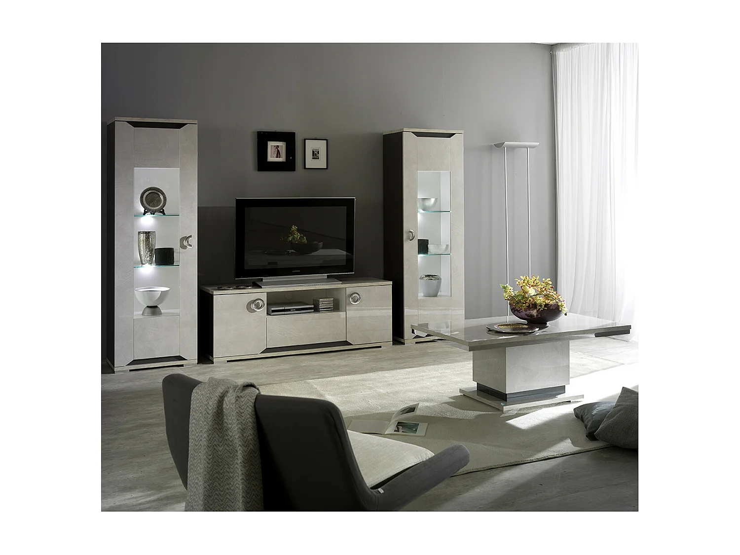 BRISE - Ensemble Salon Moderne effet Béton Laqué Gris