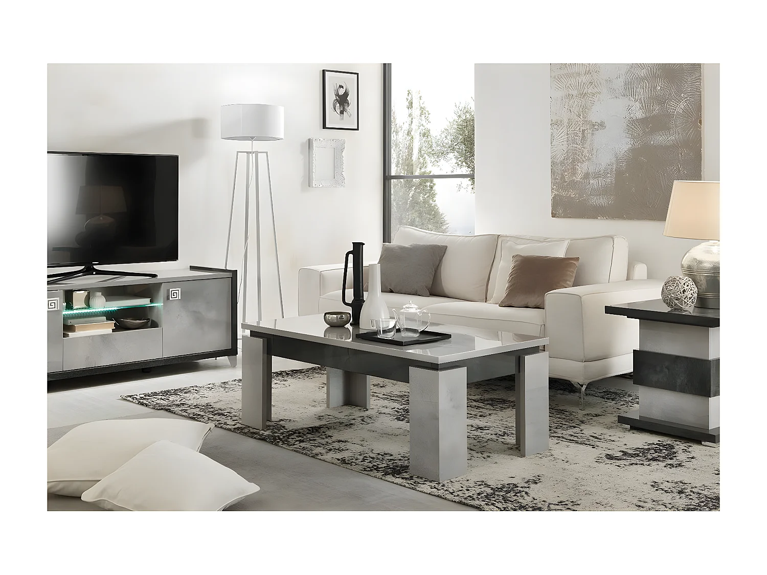 HOFFMAN - Ensemble Meuble TV + Table d'Appoint + Table Basse à 4 Pieds
