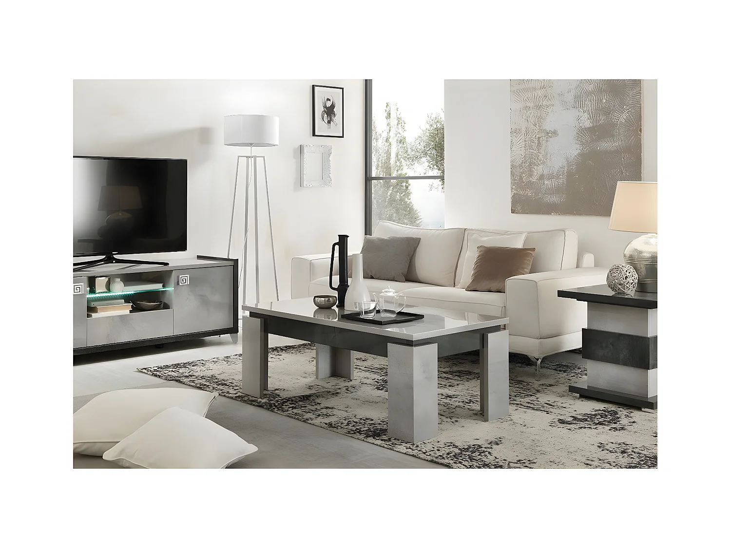 HOFFMAN - Ensemble Meuble TV + Table d'Appoint + Table Basse à 4 Pieds