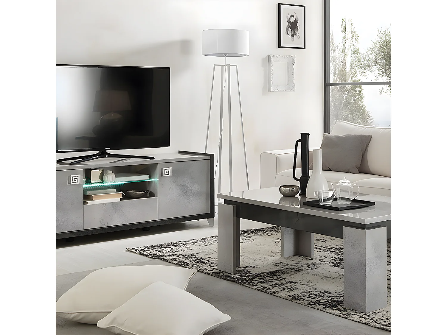 HOFFMAN - Ensemble Meuble TV + Table d'Appoint + Table Basse à 4 Pieds