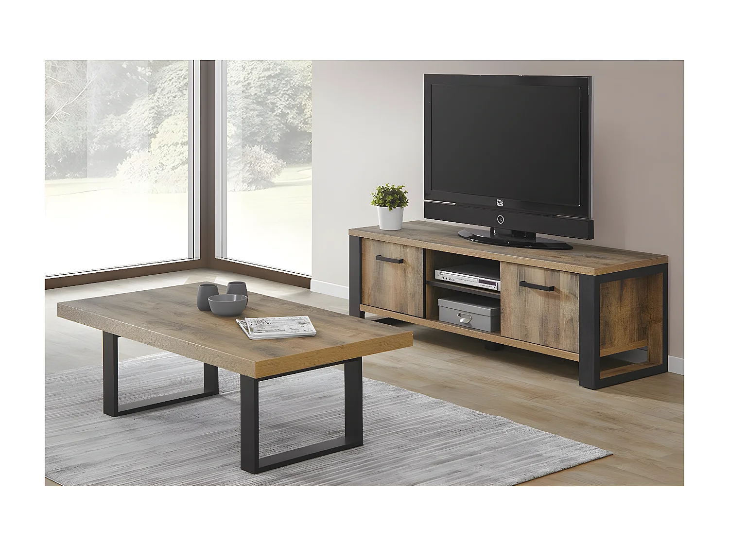 KORA - Ensemble Table Basse + Meuble TV Aspect Bois et Métal