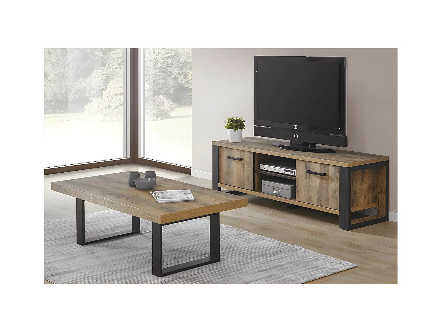 KORA - Ensemble Table Basse + Meuble TV Aspect Bois et Métal