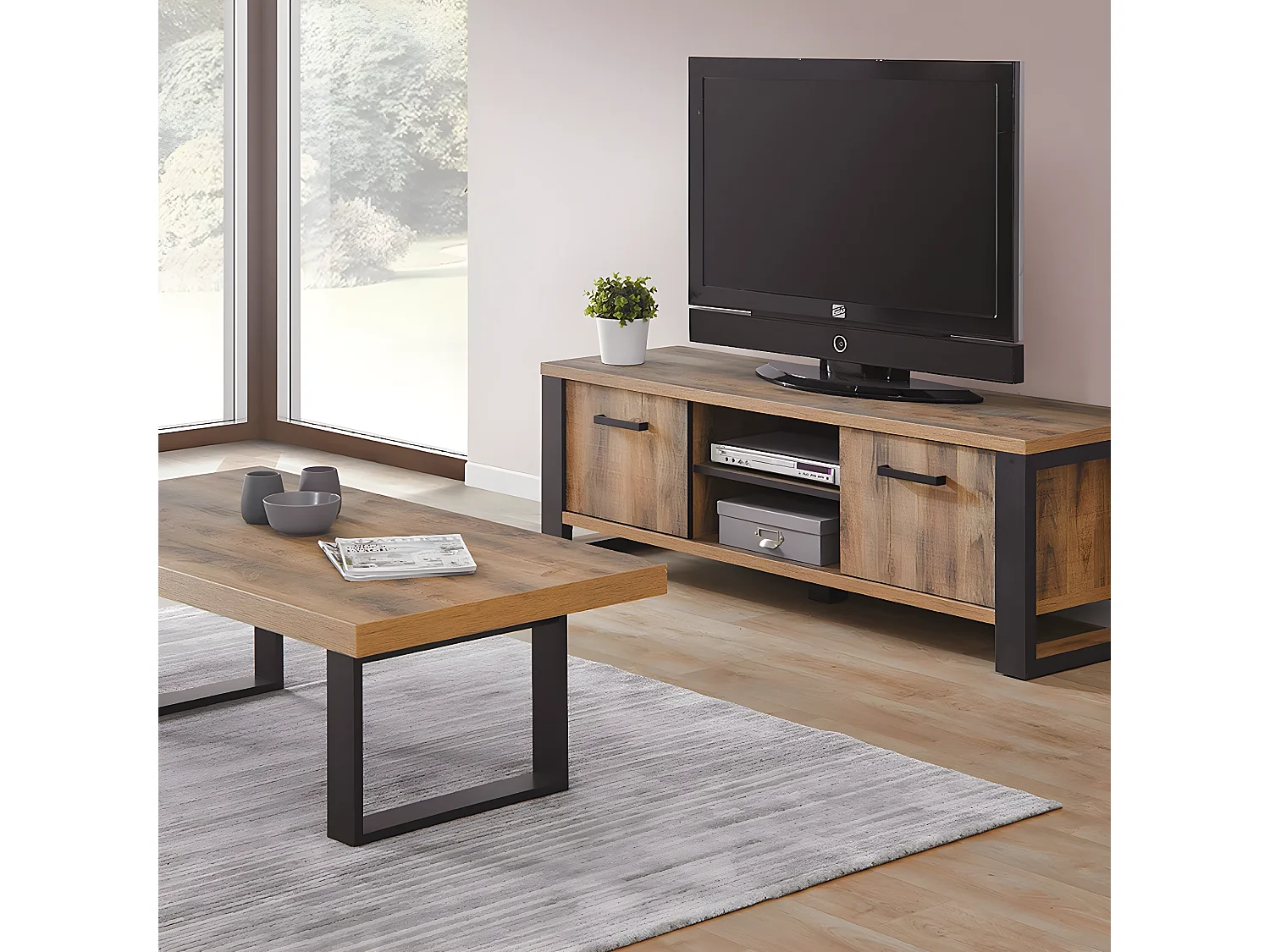KORA - Ensemble Table Basse + Meuble TV Aspect Bois et Métal