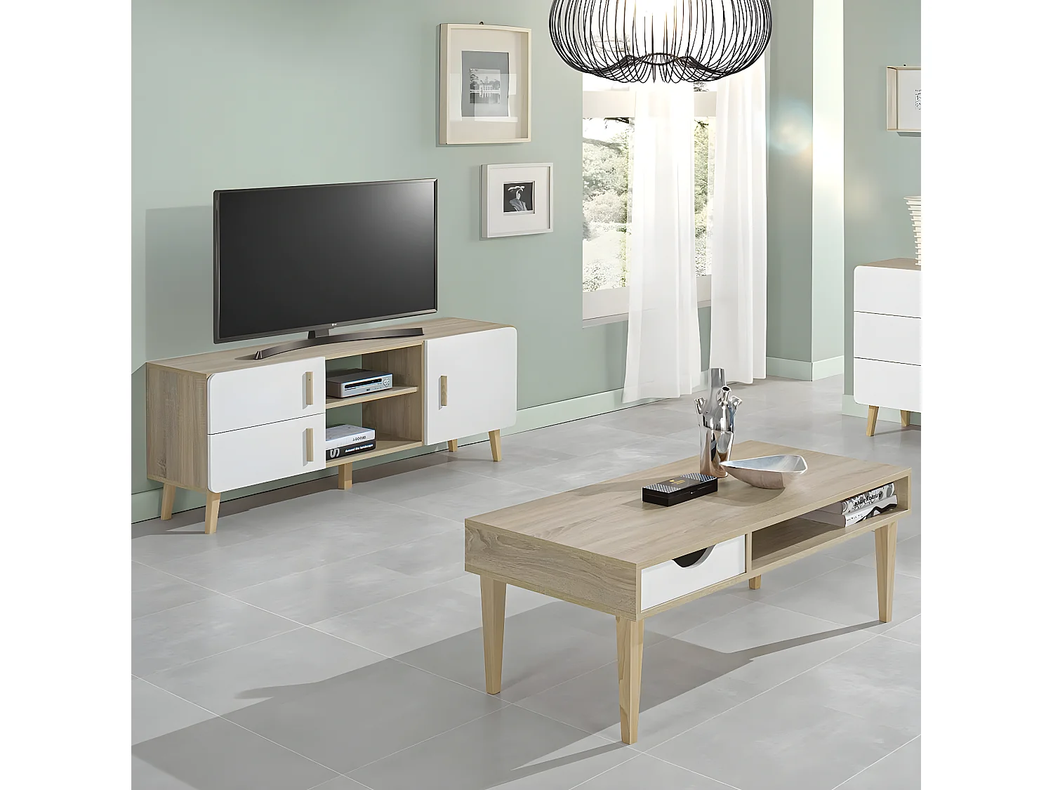 Aneby - Ensemble Table Basse et Meuble TV Effet Bois