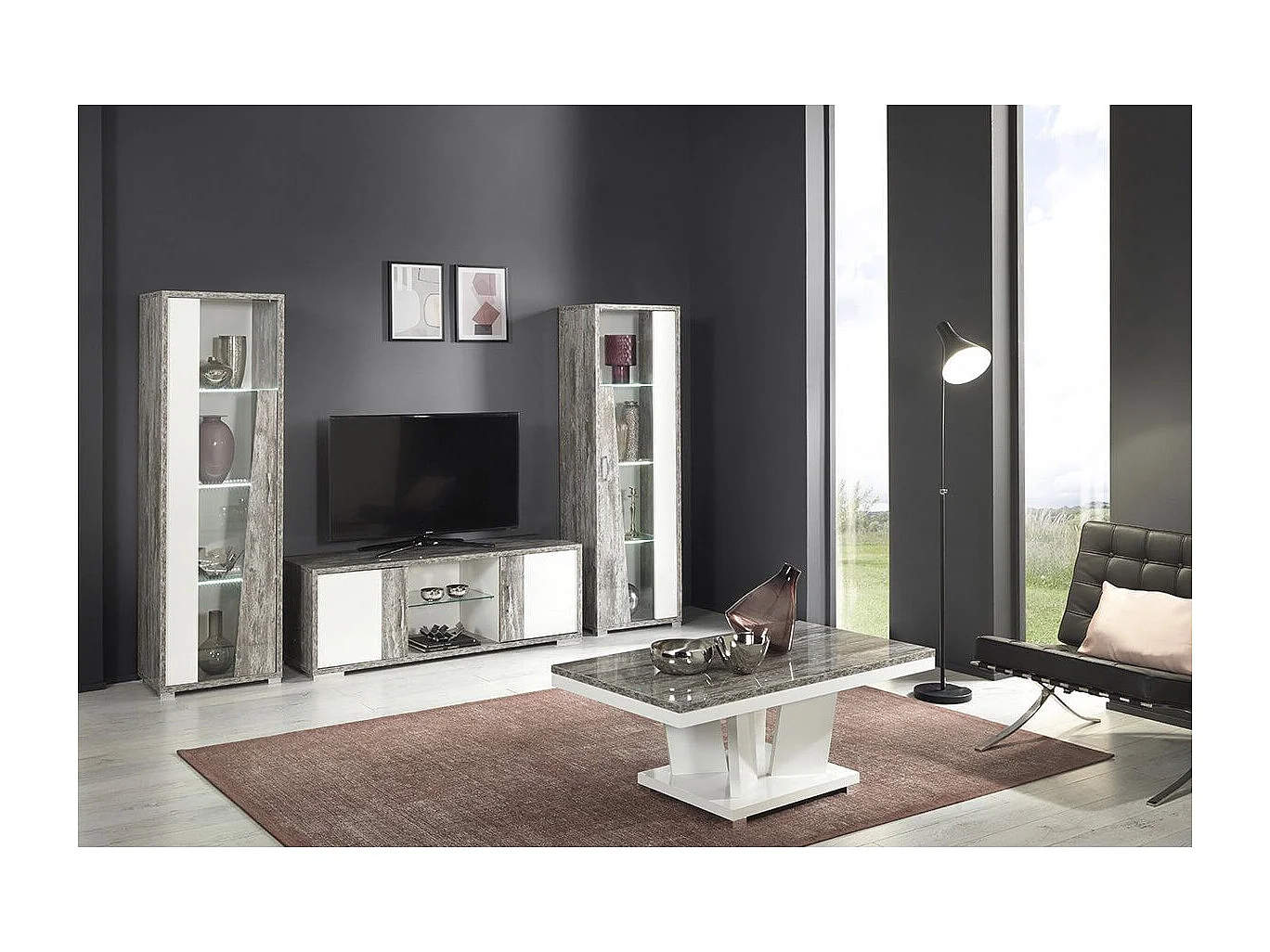 DENYS - Ensemble Salon Laqué Blanc et Effet Bois Taupe