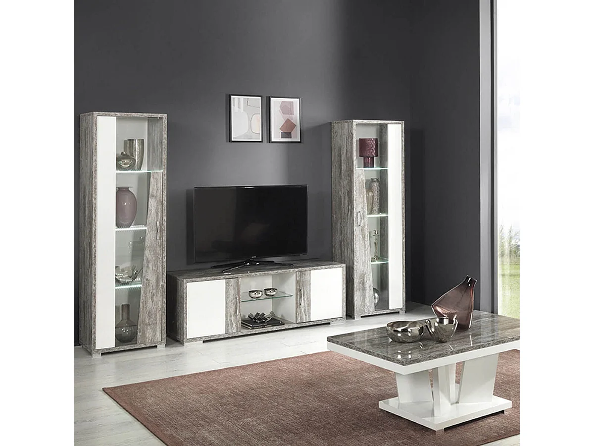 DENYS - Ensemble Salon Laqué Blanc et Effet Bois Taupe