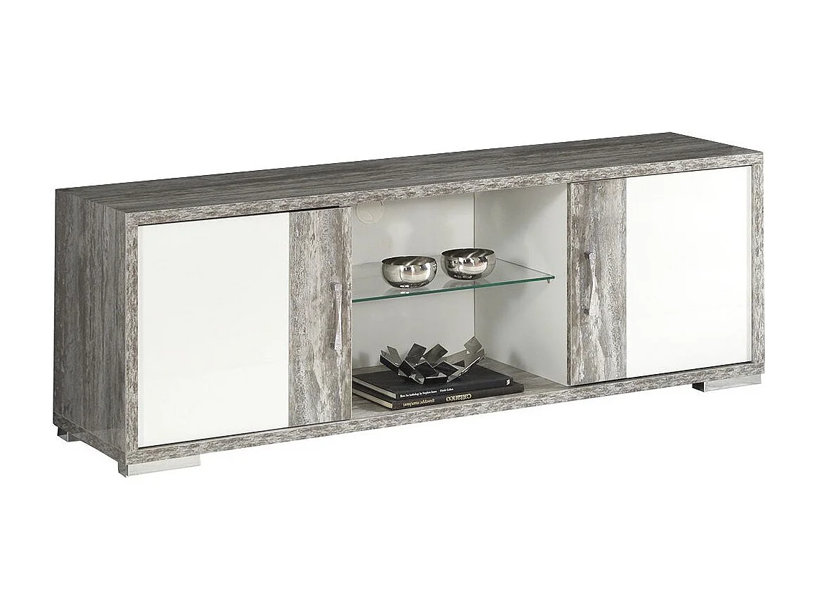 DENYS - Ensemble Salon Laqué Blanc et Effet Bois Taupe