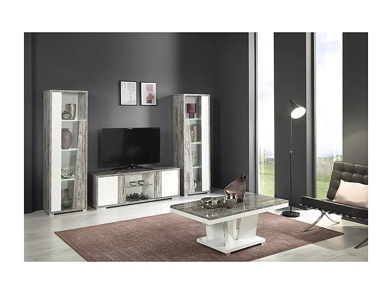 DENYS - Ensemble Salon Laqué Blanc et Effet Bois Taupe