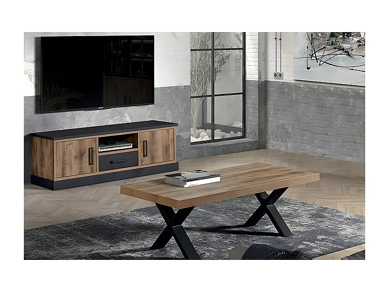 JENNA - Ensemble Table Basse + Meuble TV Aspect Bois et Métal