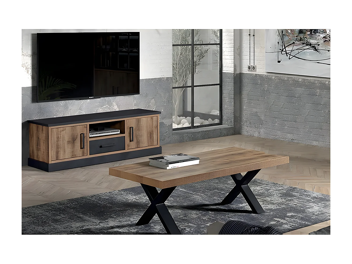JENNA - Ensemble Table Basse + Meuble TV Aspect Bois et Métal