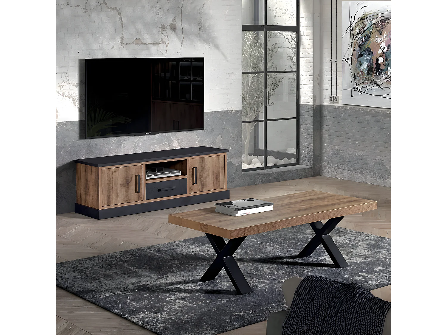 JENNA - Ensemble Table Basse + Meuble TV Aspect Bois et Métal