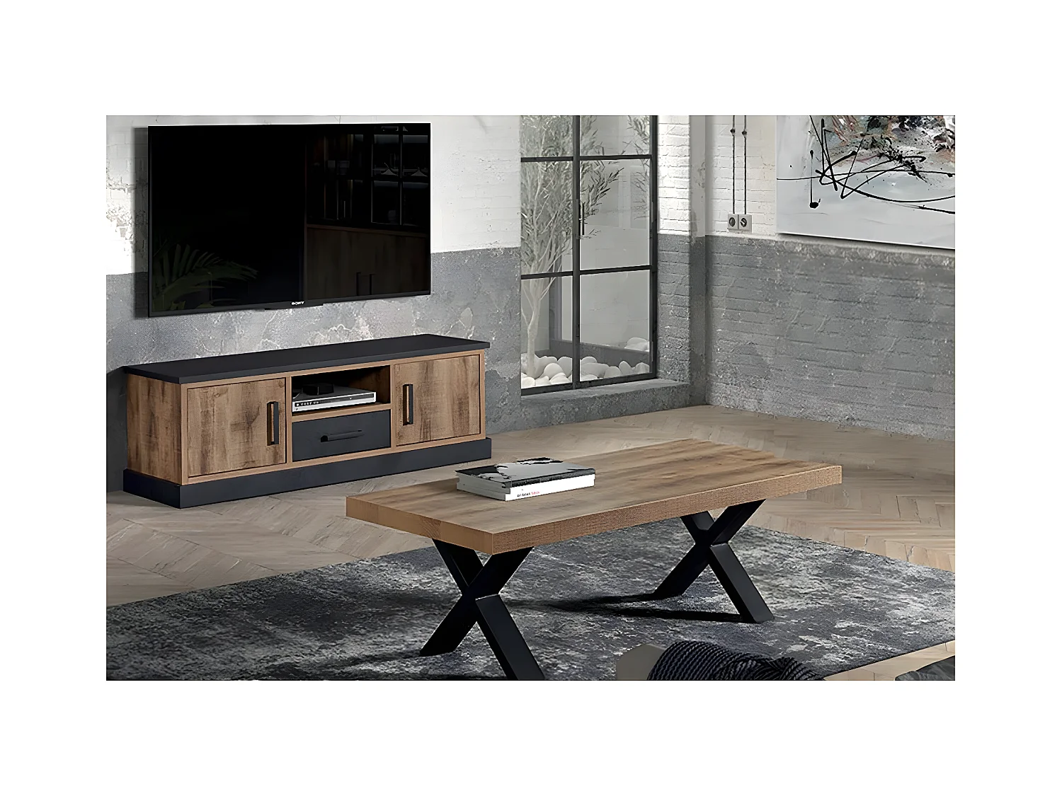 JENNA - Ensemble Table Basse + Meuble TV Aspect Bois et Métal