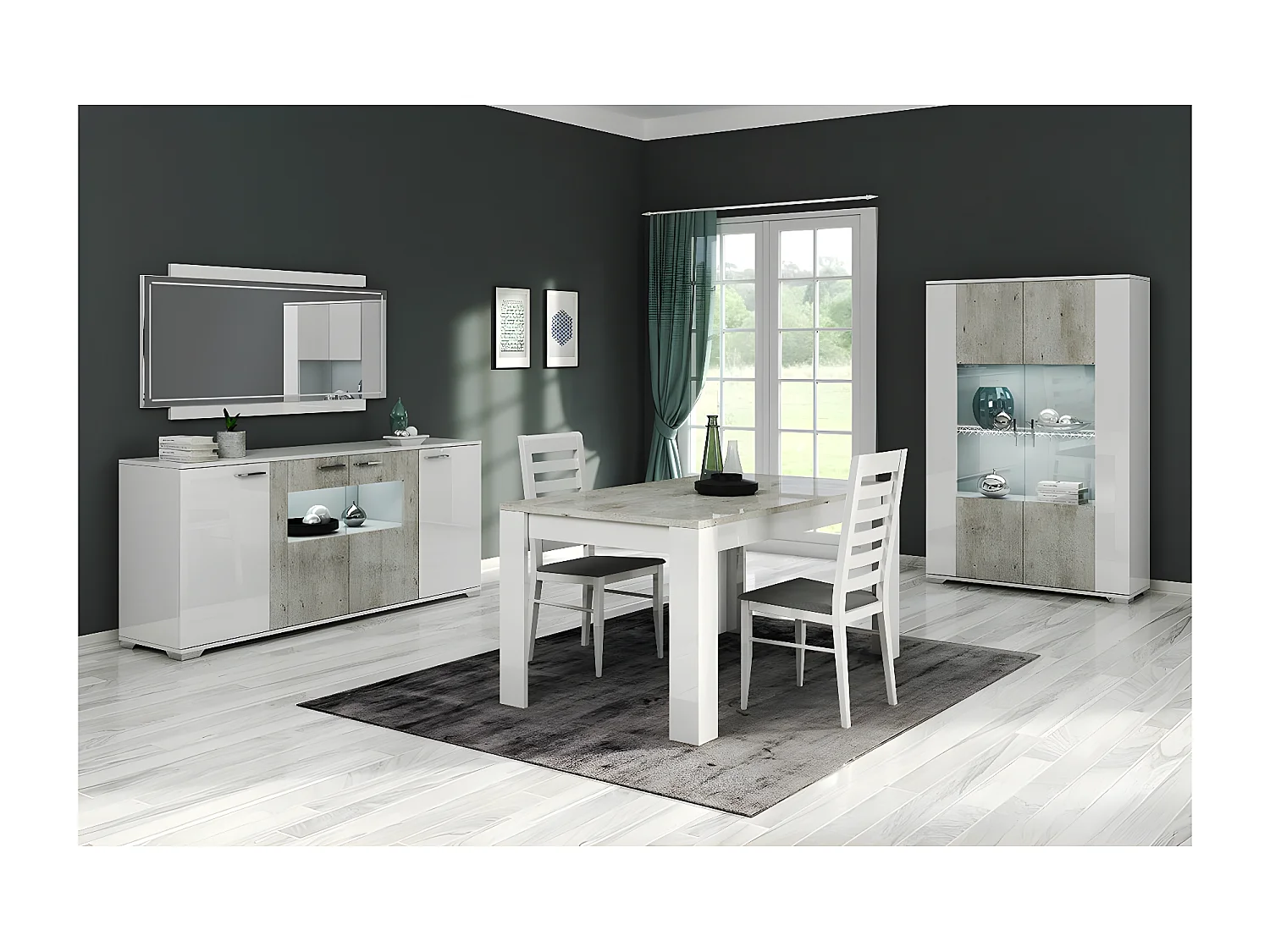 LYNDA - Ensemble Séjour Laqué Blanc et Gris Béton