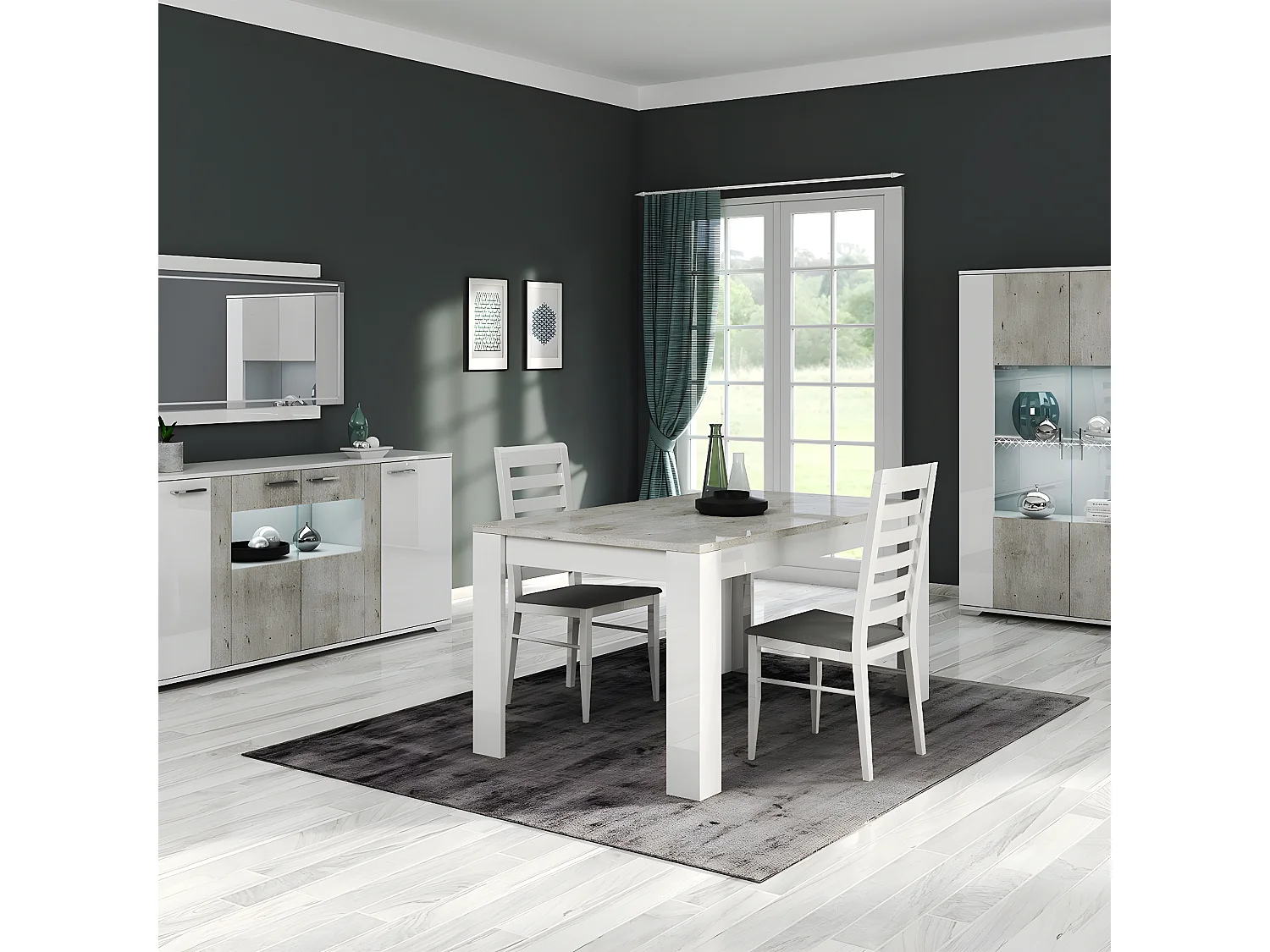 LYNDA - Ensemble Séjour Laqué Blanc et Gris Béton