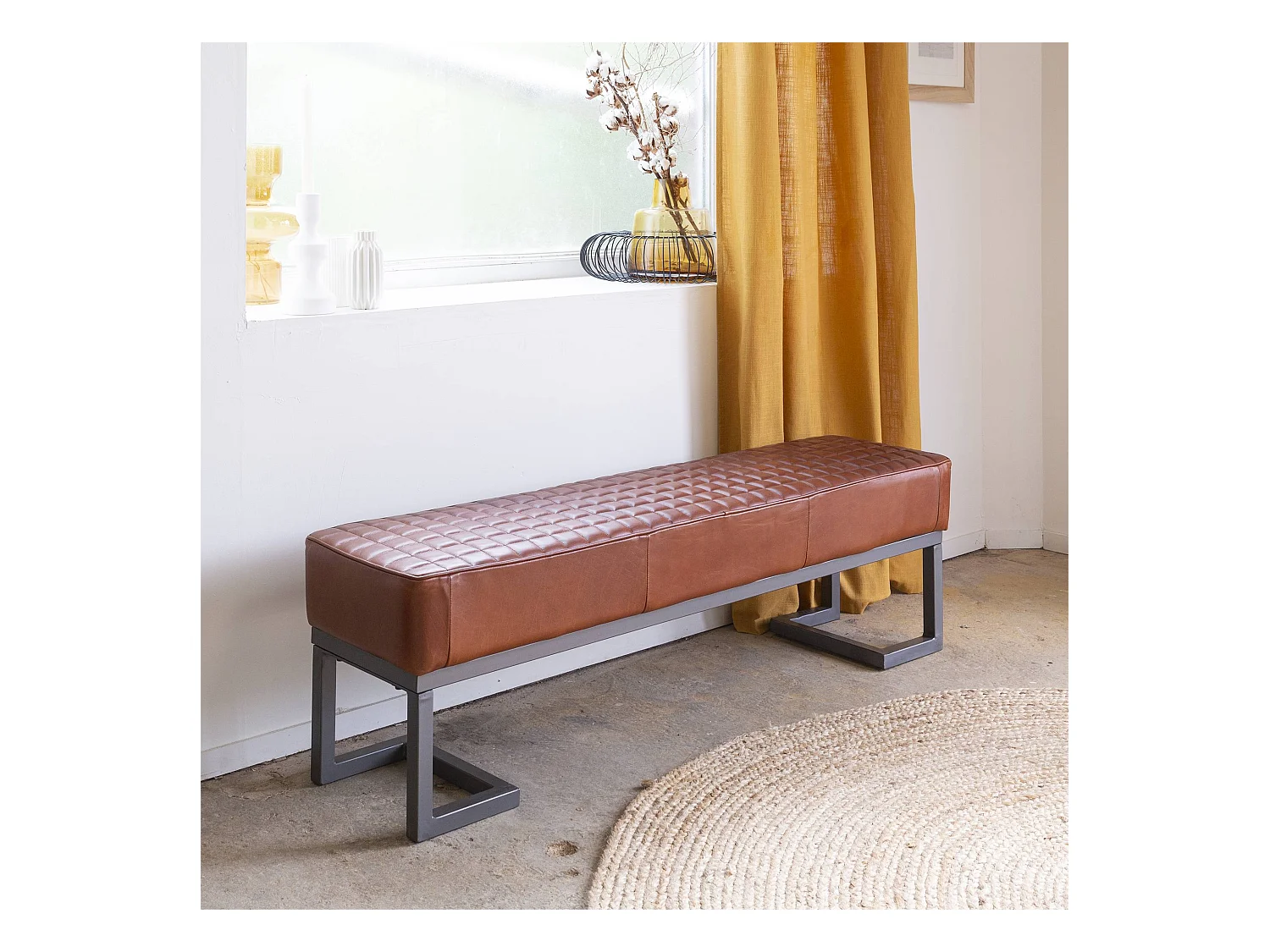 Banc d'entrée en cuir brun Jamy