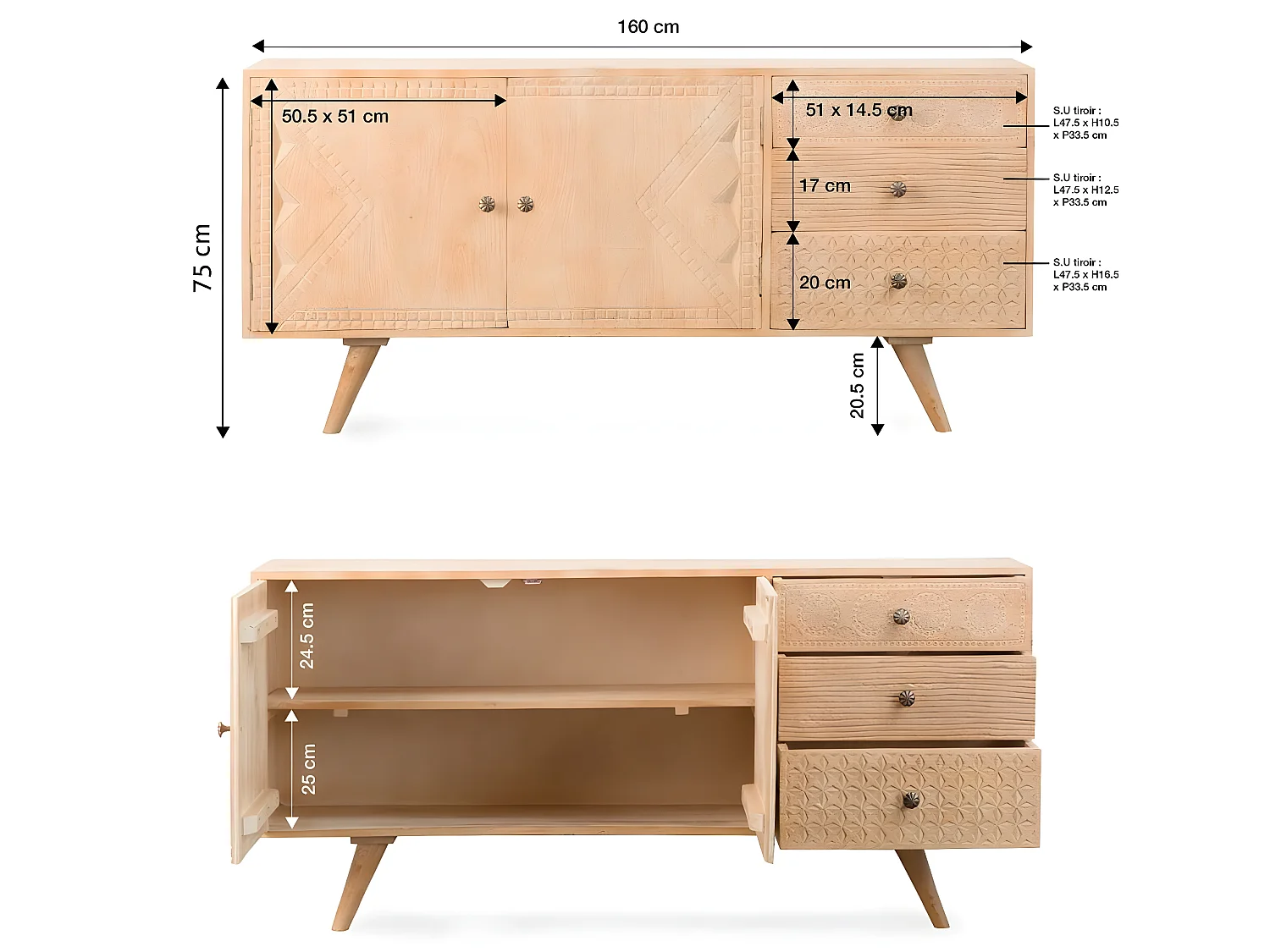 Buffet en bois de manguier blanchi Kamila
