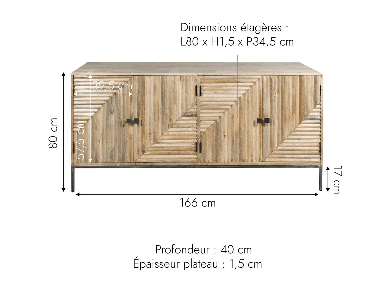 Buffet de madera de mango Paulette estilo industrial con 4 puertas y 2 estantes fijos