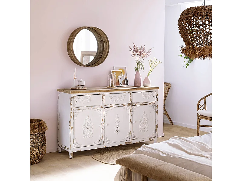 Buffet de pino macizo cepillado estilo vintage Bastille blanco con 2 o 3 puertas