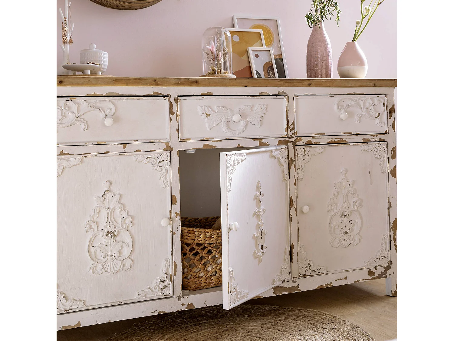 Buffet blanc en pin massif brossé Bastille