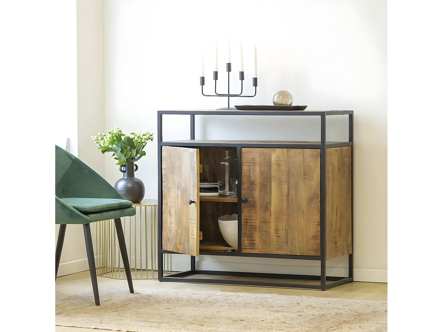 Petit buffet en métal et bois de manguier Marcel