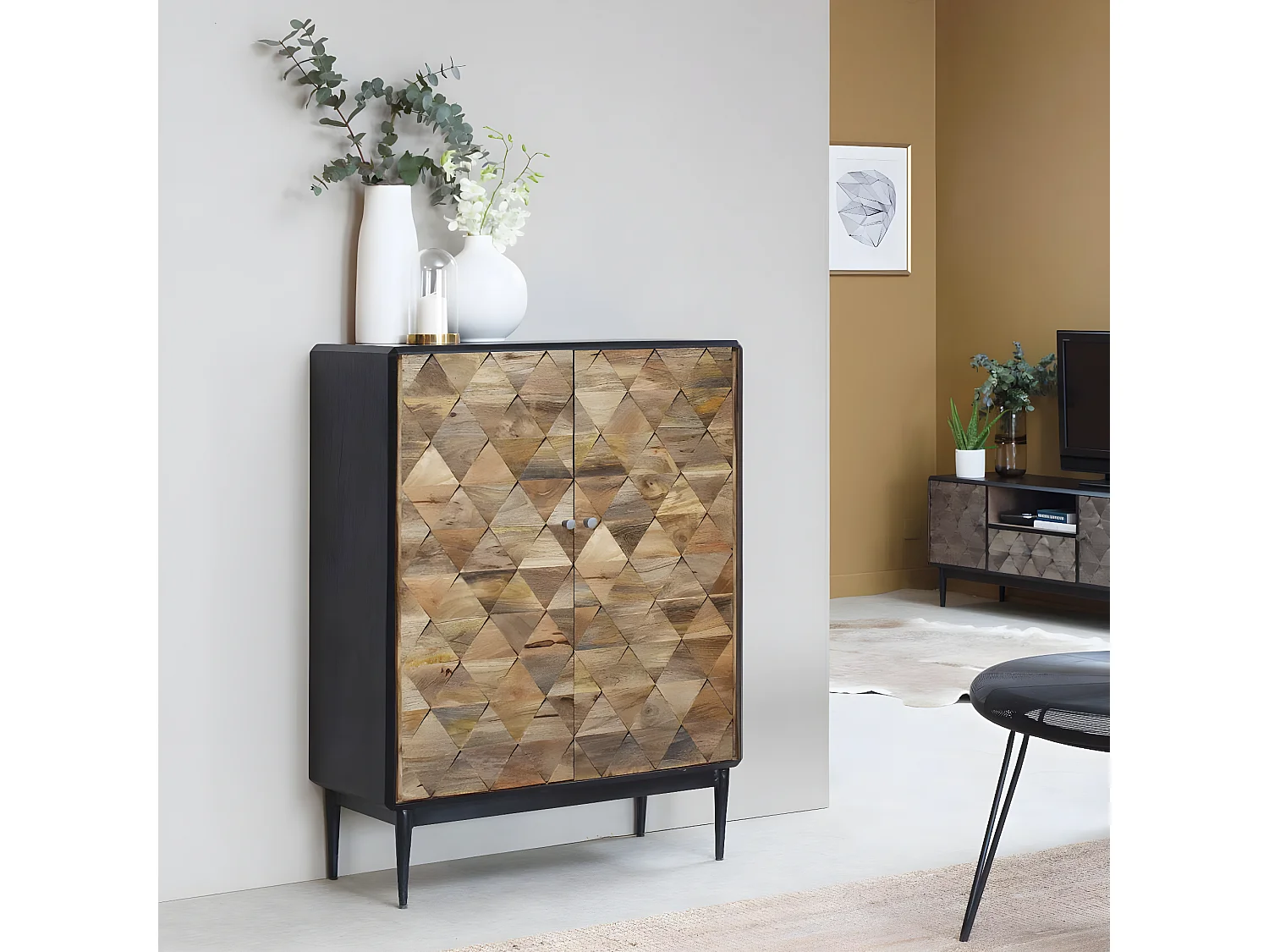 Buffet haut en métal et bois de manguier Célia