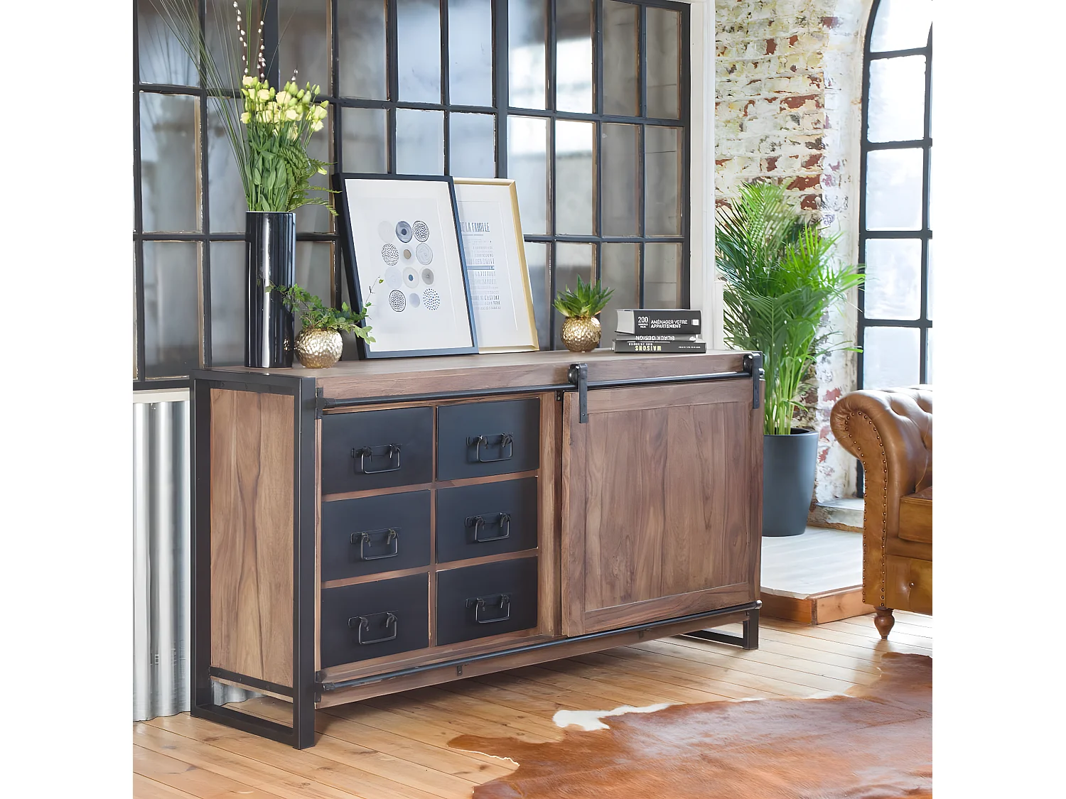 Buffet en bois d'acacia avec porte coulissante Havana