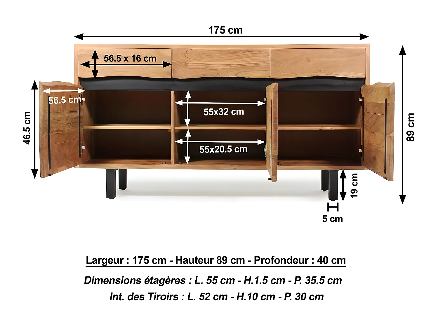 Aparador en madera de acacia y metal Mahé