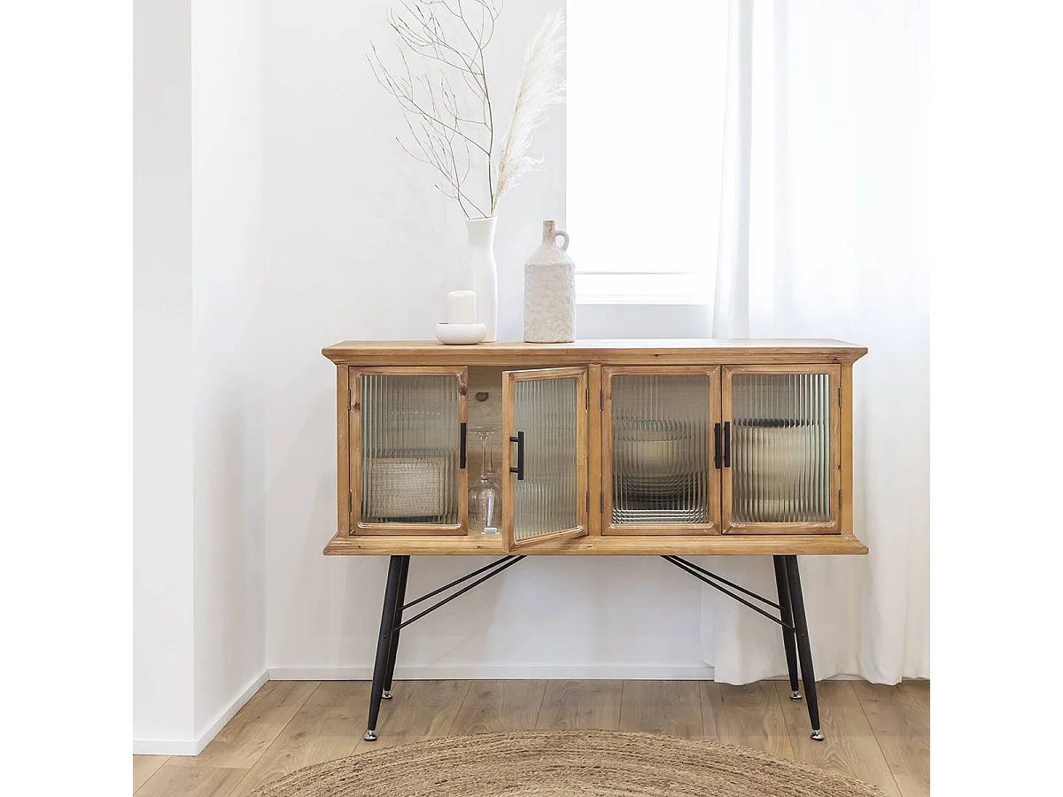 Buffet vitrine en bois de sapin et verre strié 4 portes Nicole