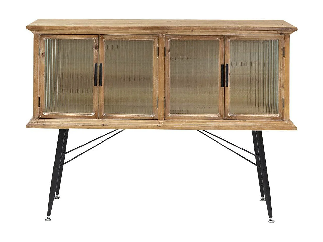 Buffet vitrine en bois de sapin et verre strié 4 portes Nicole