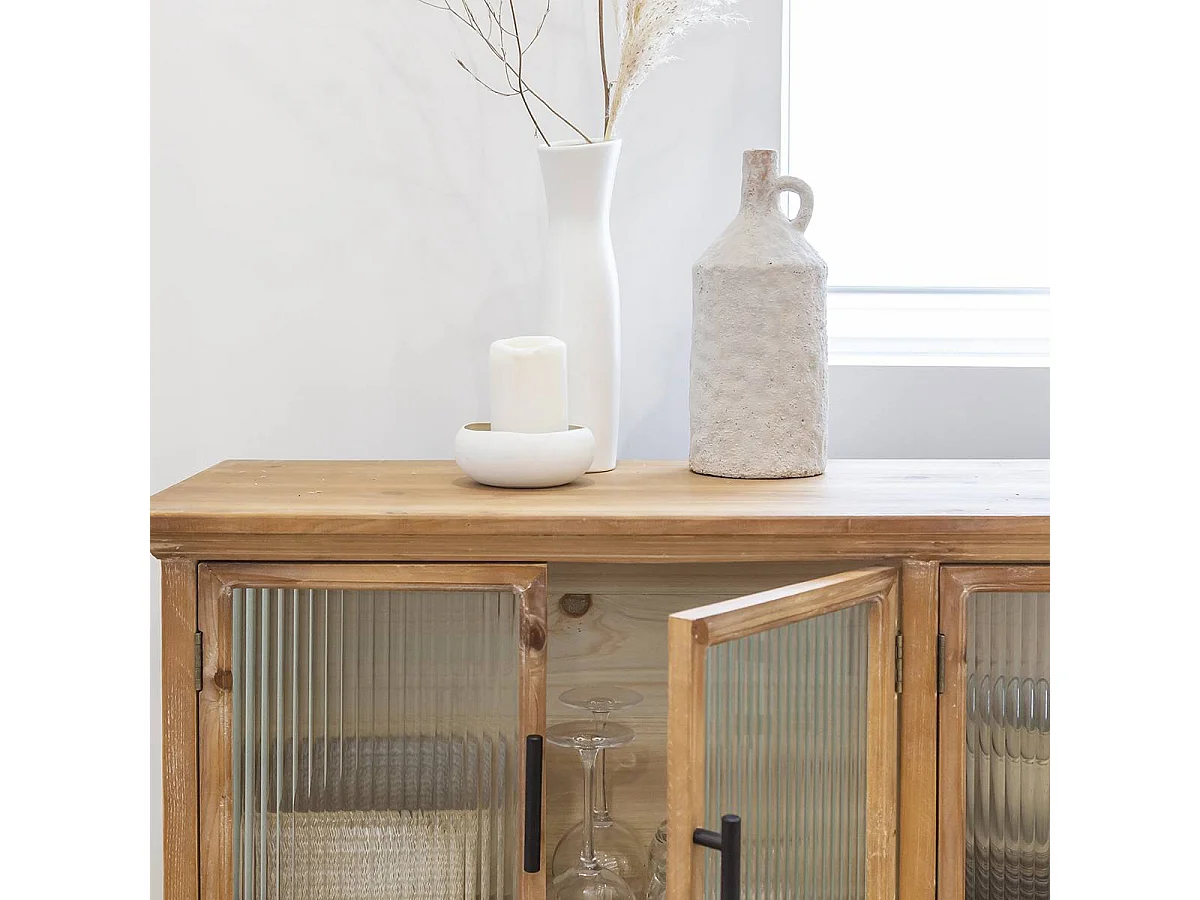 Buffet vitrine en bois de sapin et verre strié 4 portes Nicole