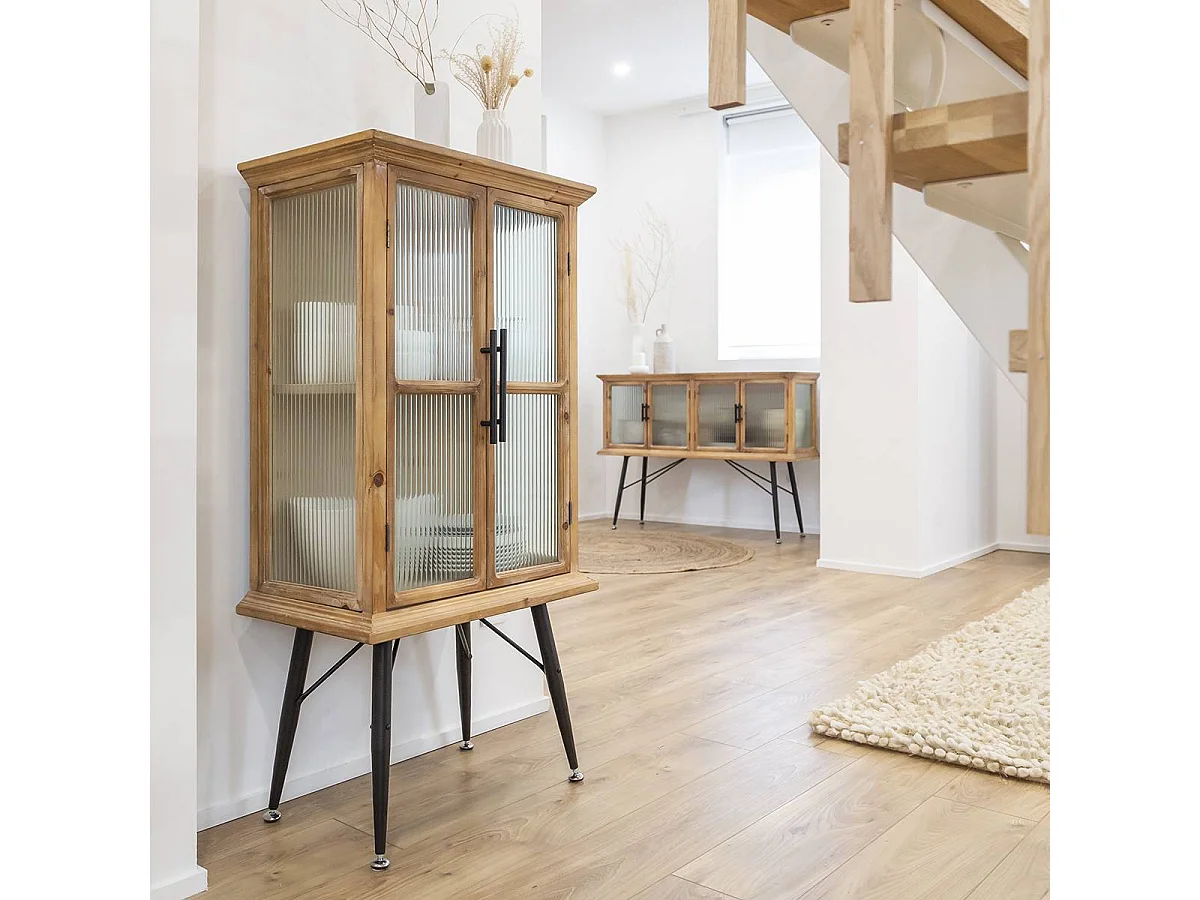 Buffet vitrine en bois de sapin et verre strié 4 portes Nicole