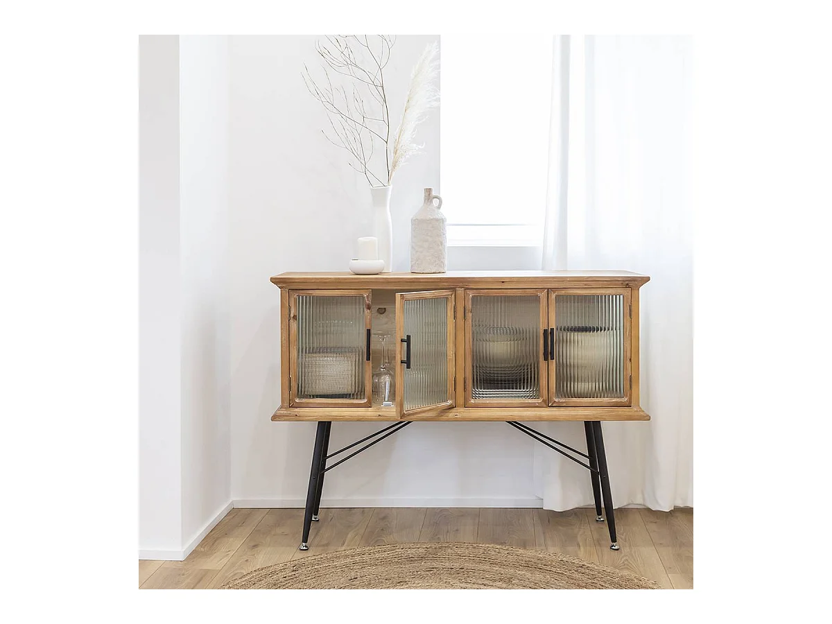 Buffet vitrine en bois de sapin et verre strié 4 portes Nicole